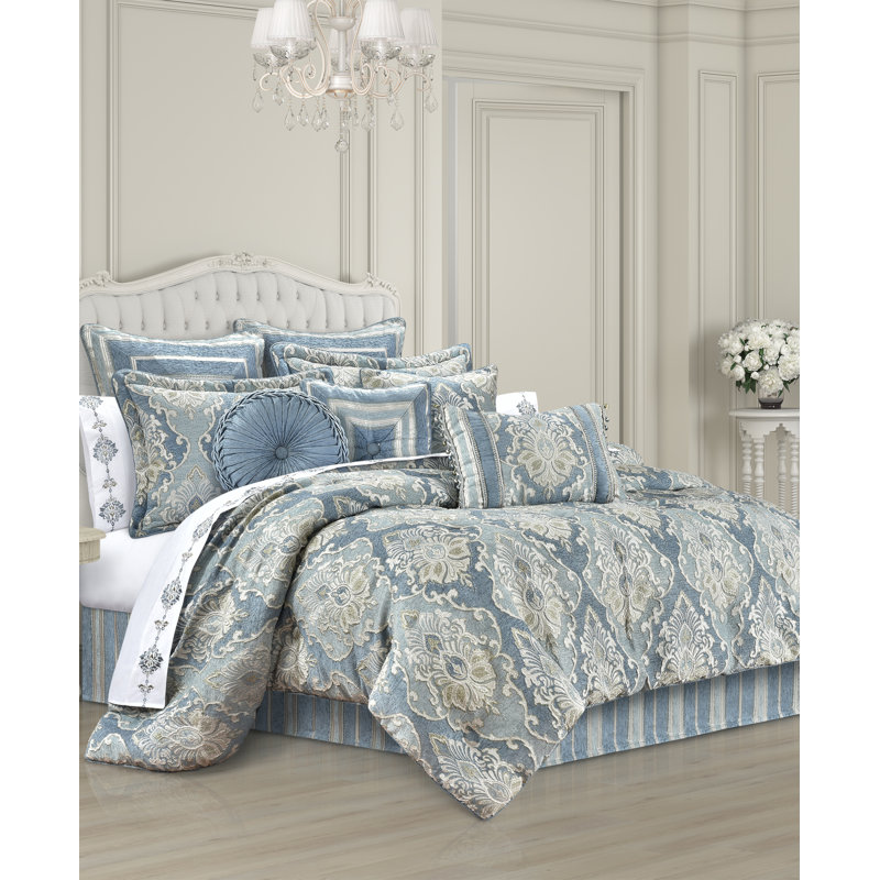 California King Blue Velvet Damask Comforter Set