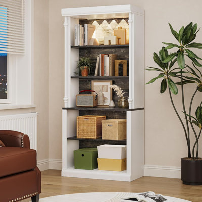 5-Tier Tall Bookcase with Adjustable Shelves, Roman Column Style Bookshelf with LED Light, Freestanding Display Storage Shelf for Living Room or Home by Lark Manor