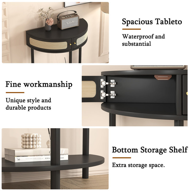 Side Table, End Table with 2 half moon design Cabinets and a Bottom Shelf for Living room, Bedroom, Study