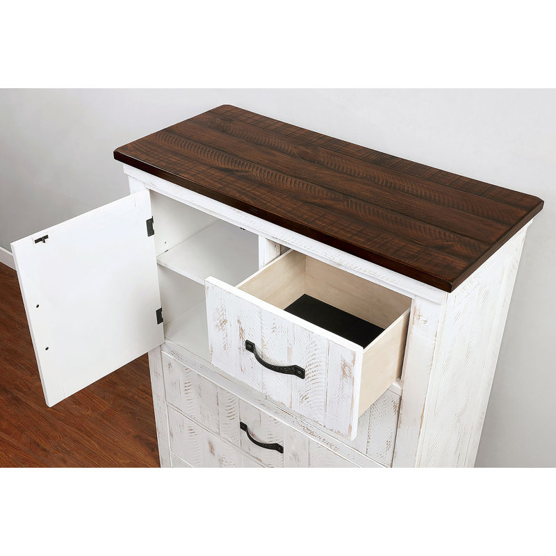 Commode en métal de style transitionnel moderne de 1 pièce avec quatre tiroirs et une planche d'armoire au fini blanc vieilli et noyer