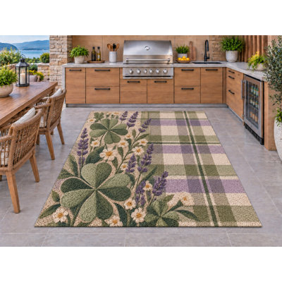 Tapis d'extérieur 5' x 7' à carreaux trèfle lavande, épais, uni, imperméable, en PVC bouclé, tapis de patio robuste, tapis intérieur/extérieur à séchage rapide pour cuisine, porche, terrasse, balcon, entrée.
