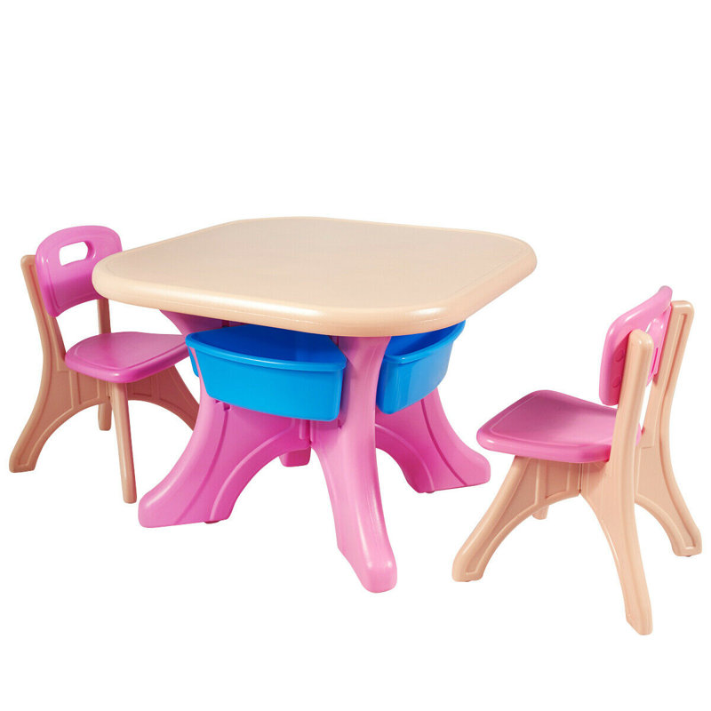 Hanner Kids 3 Piece Square Play Or Activity Table and Chair Set, Pink/Brown/Blue