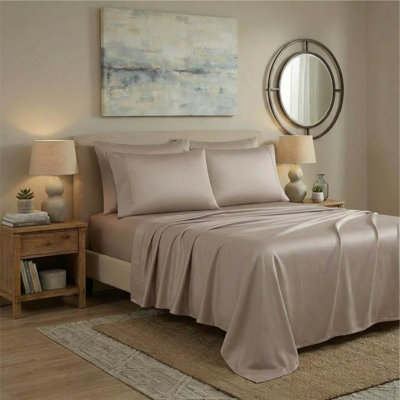 Ensemble de draps en satin de coton de qualité supérieure à densité de tissage 1500 adamstown 1500 fils, 4 taies d'oreiller, 1 drap-housse, 1 drap plat, convient aux matelas d'une profondeur maximale de 16 po, taupe