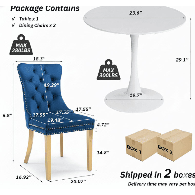 Ensemble de table de salle à manger rond avec 2 chaises, Blanc, Bleu / doré