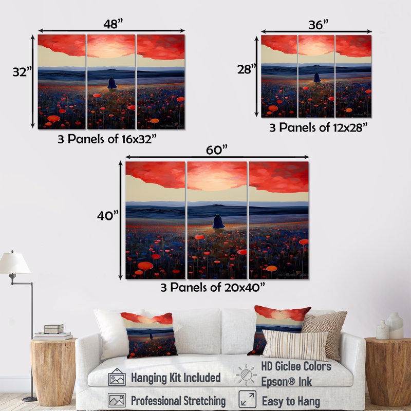 «Red Sky Blue Mountains Red Poppies - Meadow», ensemble de reproduction d'art mural, Toile tendue, H 32 po x l 48 po x P 1 po