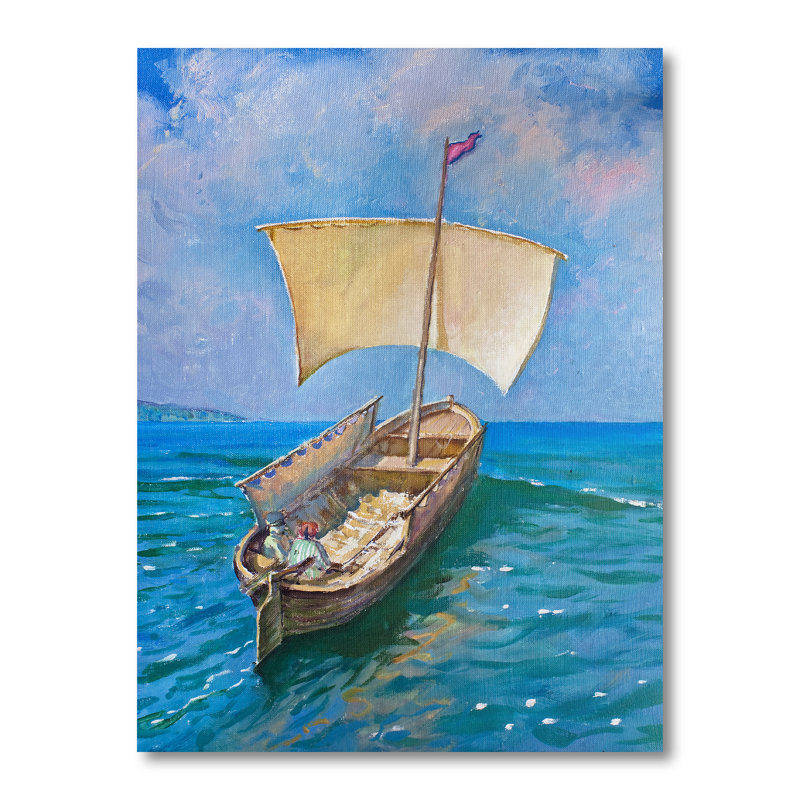 Voilier sur les vagues de l'océan bleu - peinture sur toile, Toile tendue, H 32 po x l 24 po