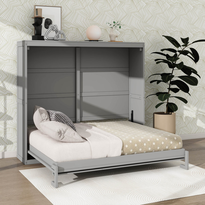 Grand lit escamotable avec armoires encastrées, Gris