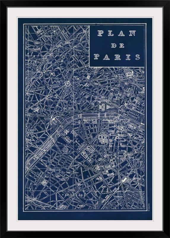 «Blueprint Map Paris» par Sue Schlabach, impression, Cadre blanc, H 38 po x l 28 po x P 1 po