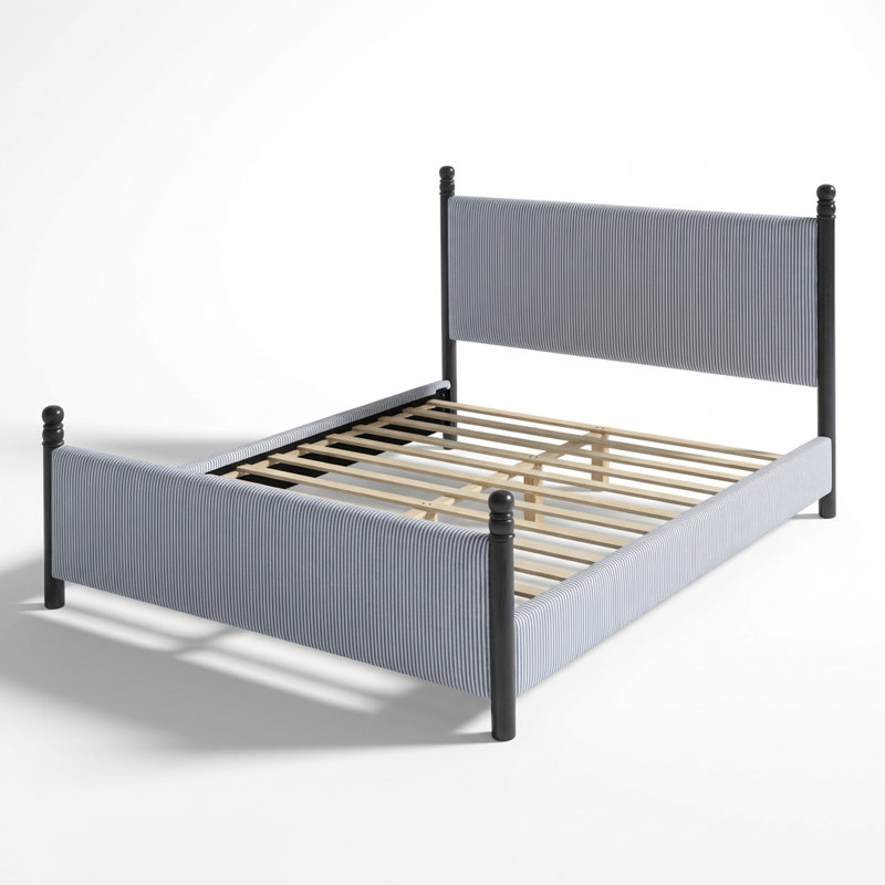 Queen Size Upholstered Bed Frame with High Padded Headboard and Striped Fabric Design