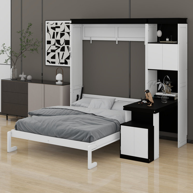 Lit escamotable peu encombrant avec bureau intégré et tablettes de rangement