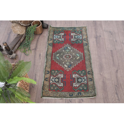 21.3x38.6 Inch Vintage Patchwork Wool Rug, Red Rug
