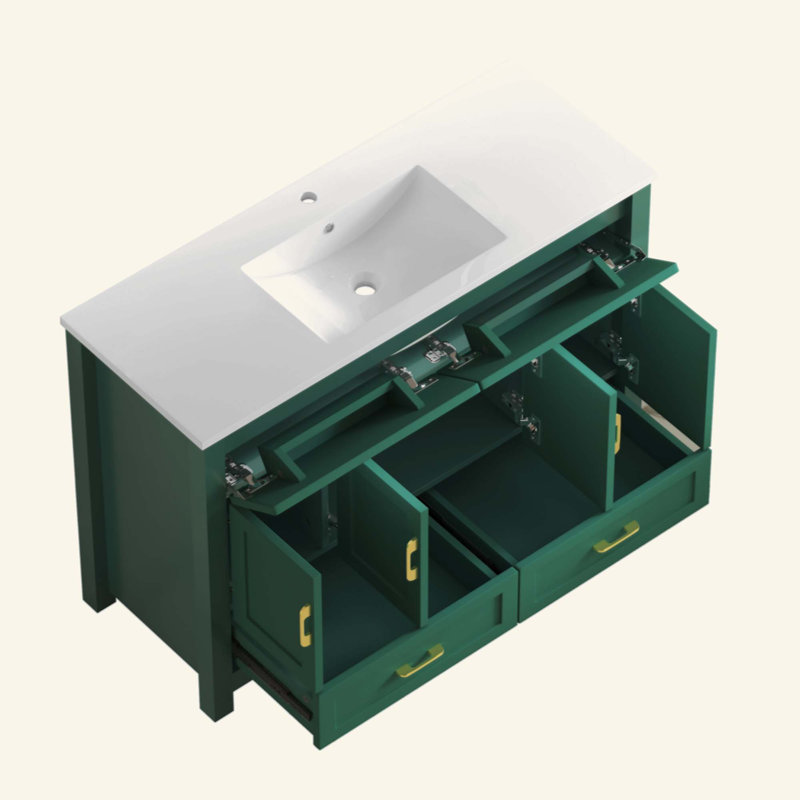 Meuble-lavabo de salle de bain avec lavabo en résine, armoire de rangement abondante - 4 portes à fermeture douce et 4 tiroirs