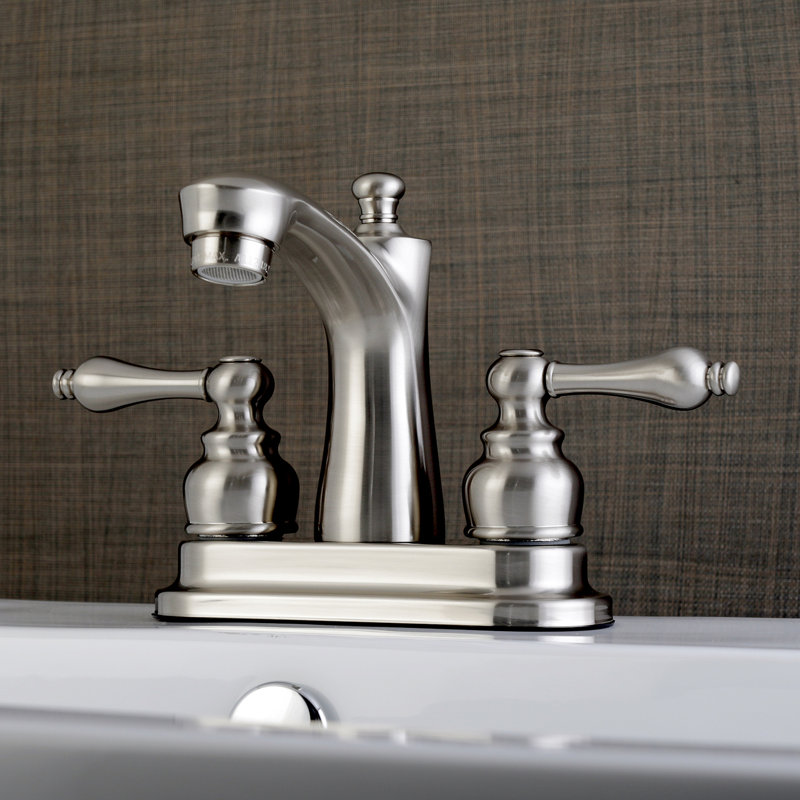 Kingston Brass Victorian Two-Handle 3-Hole Deck Mount 4" Centerset Bathroom Faucet with Plastic Pop-Up, Brushed Nickel