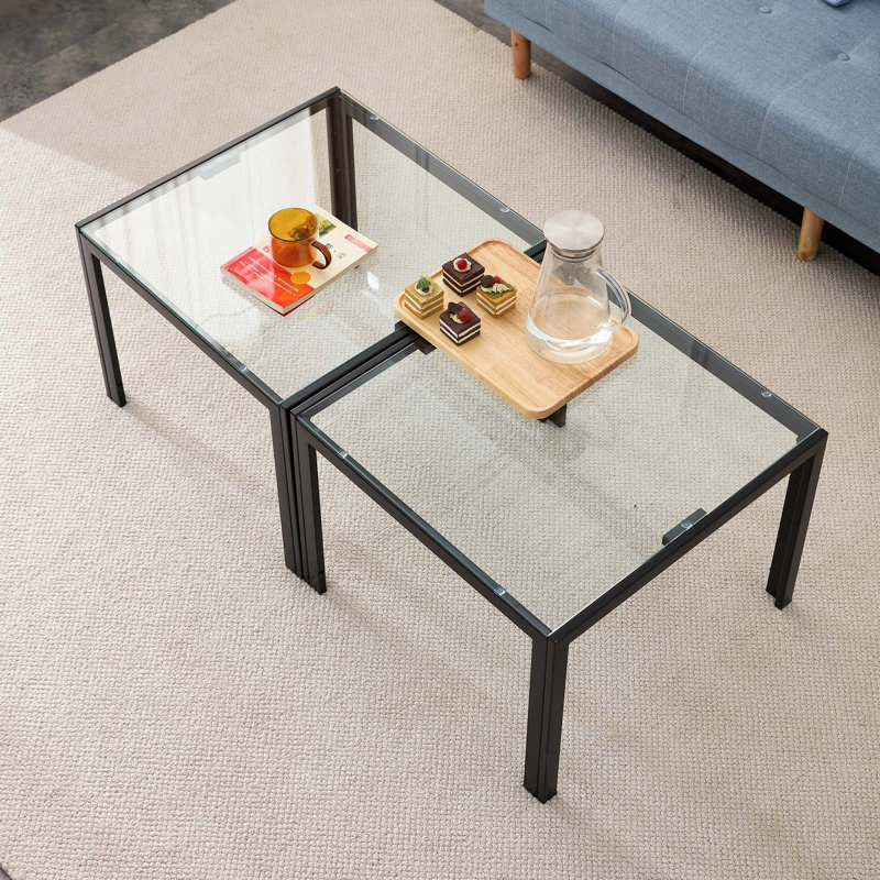 Square Black Metal Coffee Table Set with Tempered Glass Top