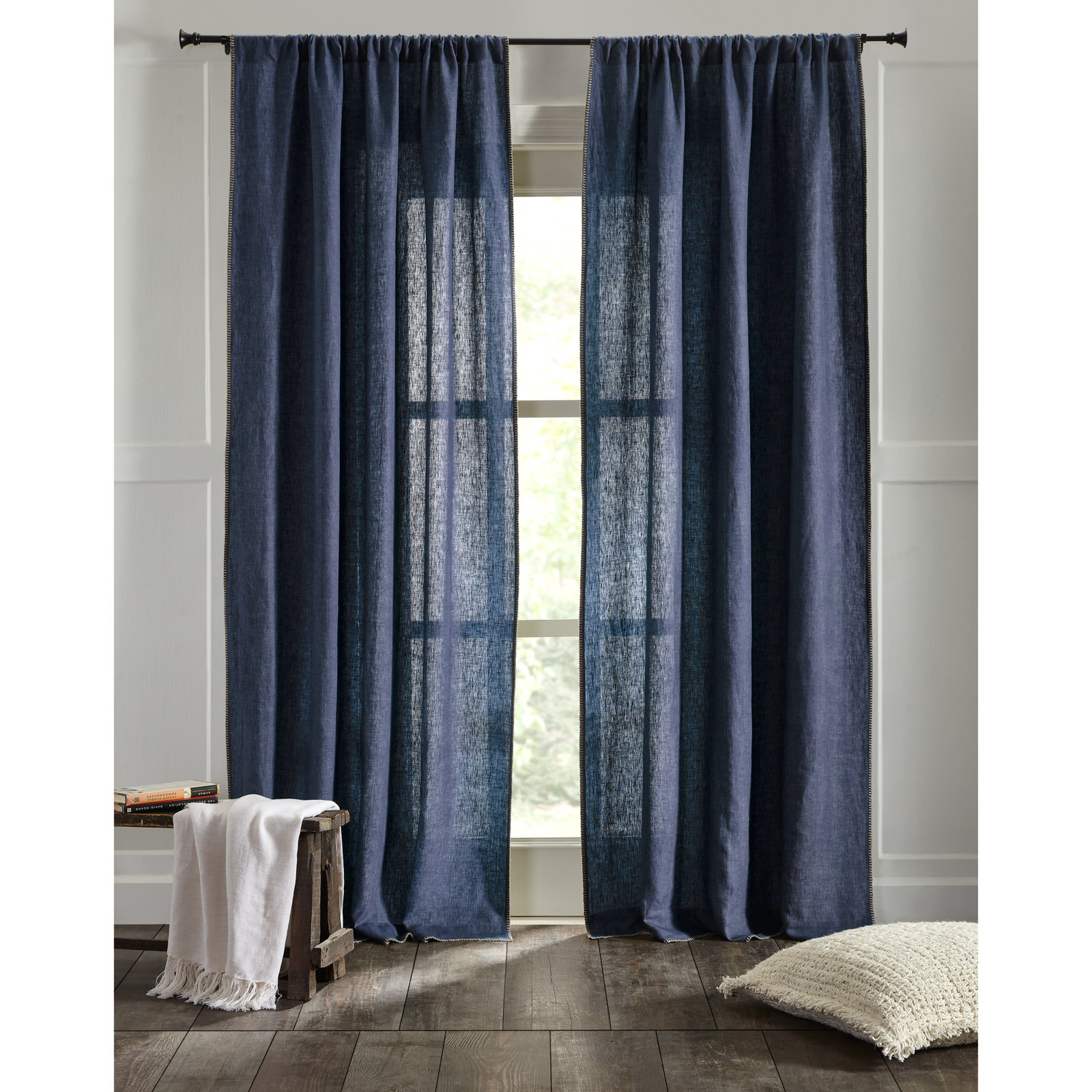 Brian Semi Sheer 100% Linen Curtain, Indigo, 50" W x 96" L