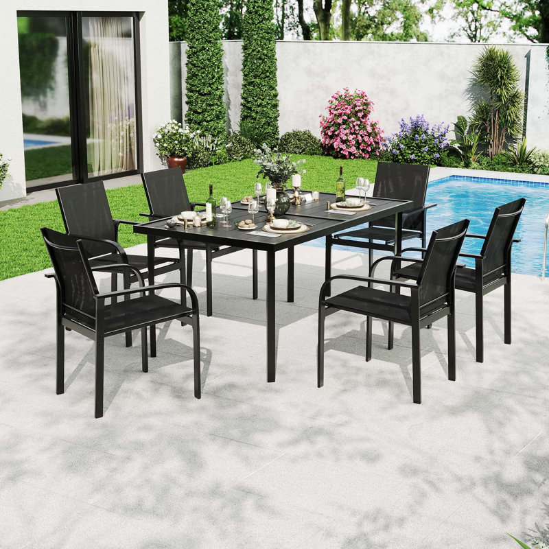 7 - Piece Patio Dining Set for 6: 55" Rectangle Table + 6 Textilene Chairs with Iron Armrests, Ideal for Lawn, Porch, Balcony, Poolside