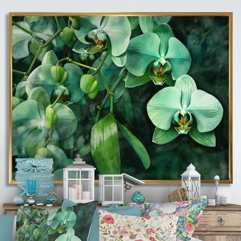 «Fantasy Green Orchid Dreamscapes I» sur toile, Cadre flottant doré, H 12 po x l 20 po