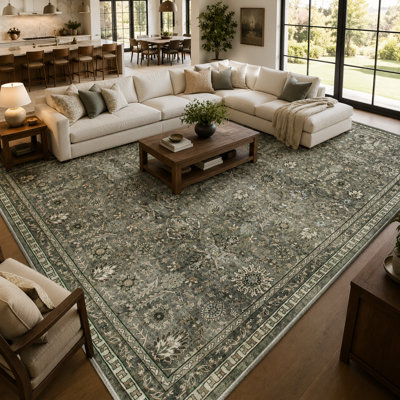 Watte Vintage Floral Border Washable Area Rug, Soft Low Pile Indoor Rug for Living Room, Bedroom & Dining Room
