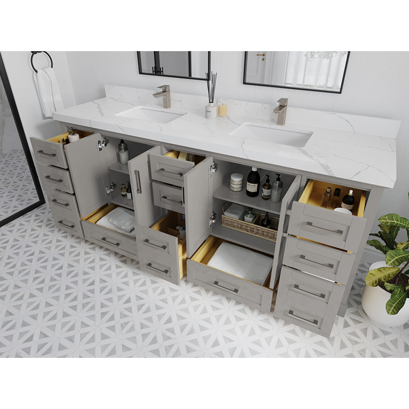 Esin 84'' Double Bathroom Vanity with Quartz Top, Venatino