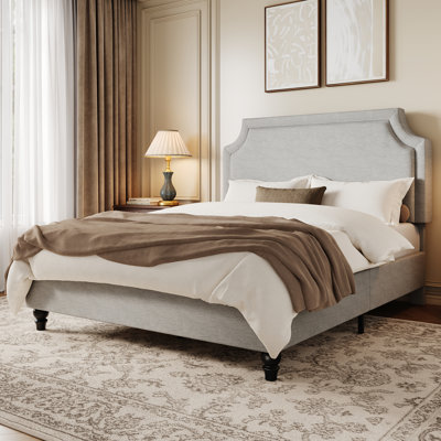 Modern Chenille Upholstered Bed With Adjustable Headboard & Solid Wood Legs