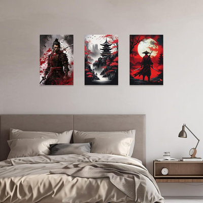 3 Piece Samurai Wall Art Japan Painting Canvas Print Warrior Figure Pictures Bushido Posters Japanese Culture Theme Artwork Home Room Decor Framed(12"X16"X3)
