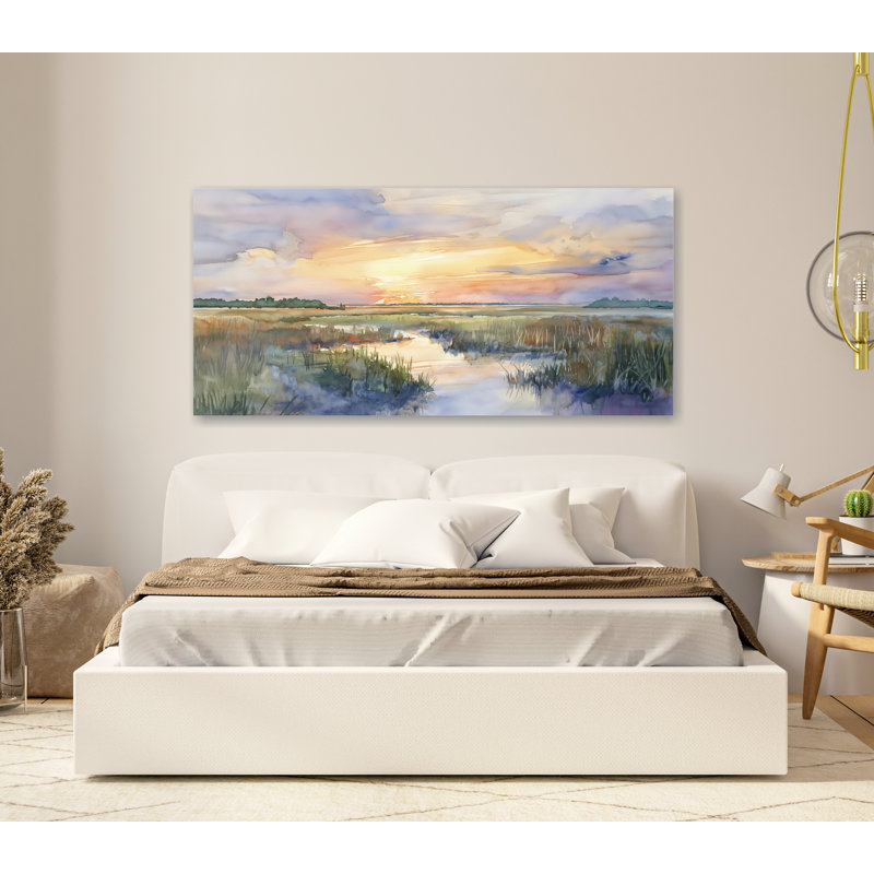 Marais au coucher du soleil, peinture de paysage, Caroline Lowcountry, décor de ferme, H 28 po x l 56 po x P 1,5 po