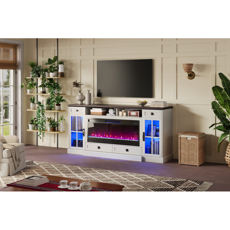 Foyer électrique de 42 po avec meuble télé Keating 70 po, lumières DEL, tiroirs de rangement et armoires Keating, Blanc