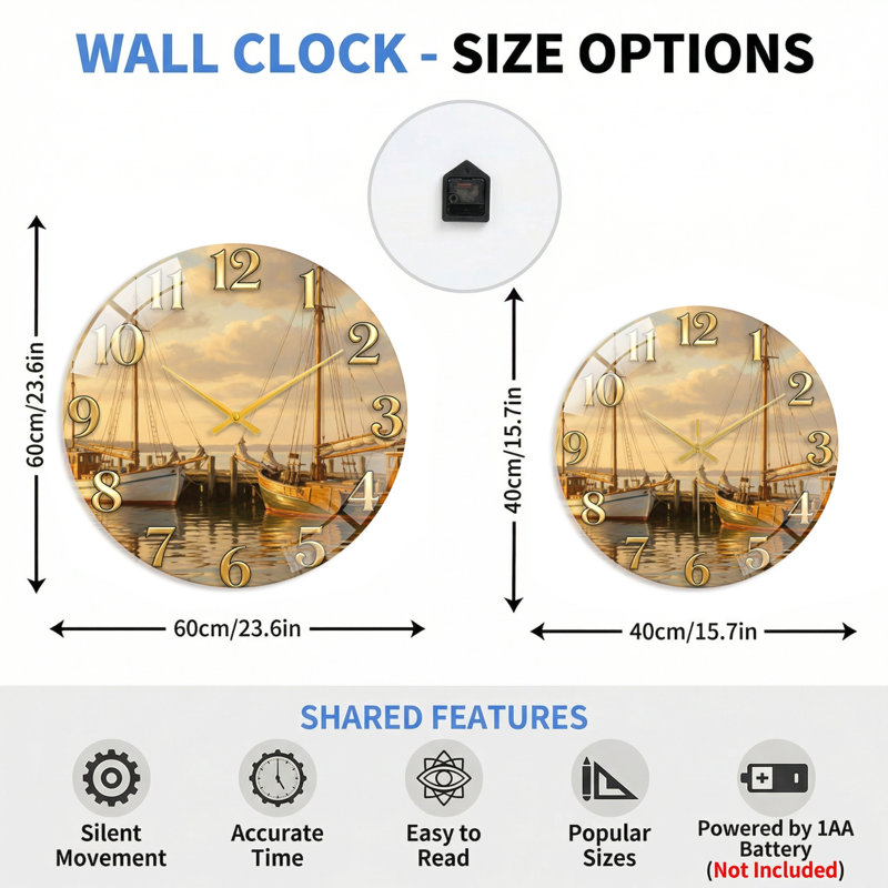 Horloge murale voilier en verre, 40 x 40 cm (15,7 x 15,7 pouces)