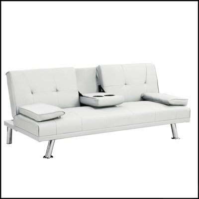 Canapé-lit confortable avec porte-accoudoirs, structure en bois, pieds en acier inoxydable et futon blanc en PVC pour une vie moderne