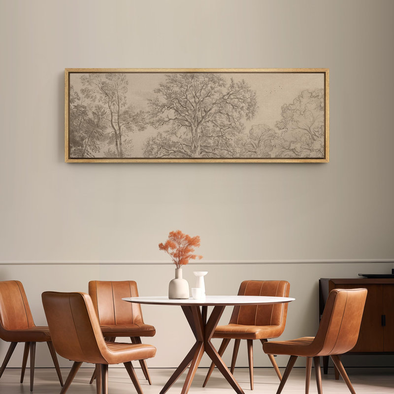 Rustic Countryside Vintage Landscape Sketch Tree and Landscape Pattern Modern Art Extra Large Artwork Print Wall Art, Natural
