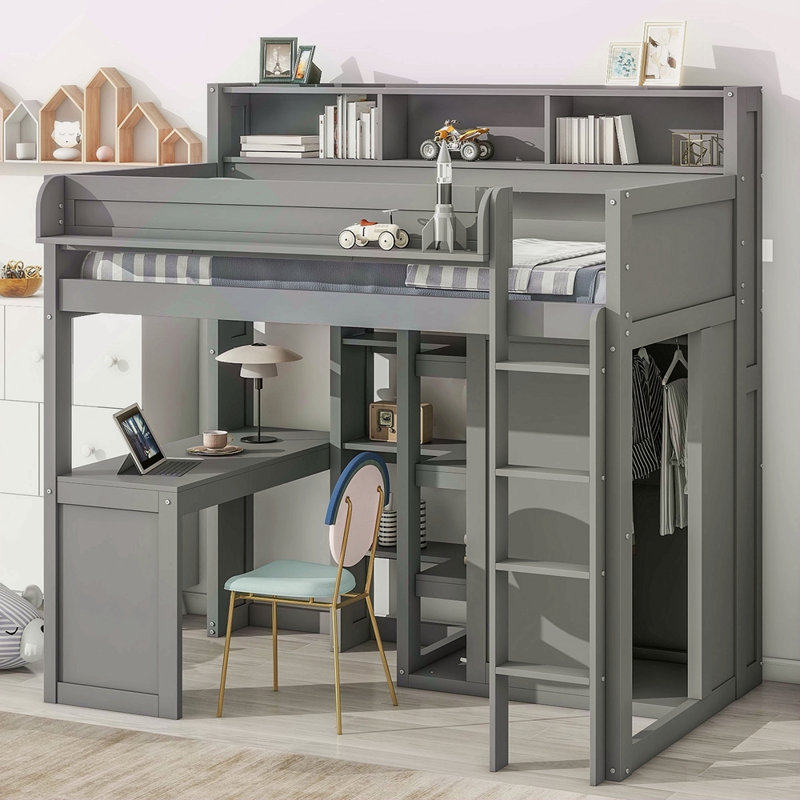 Lit mezzanine en bois avec plusieurs tablettes de rangement et garde-robe, Gris