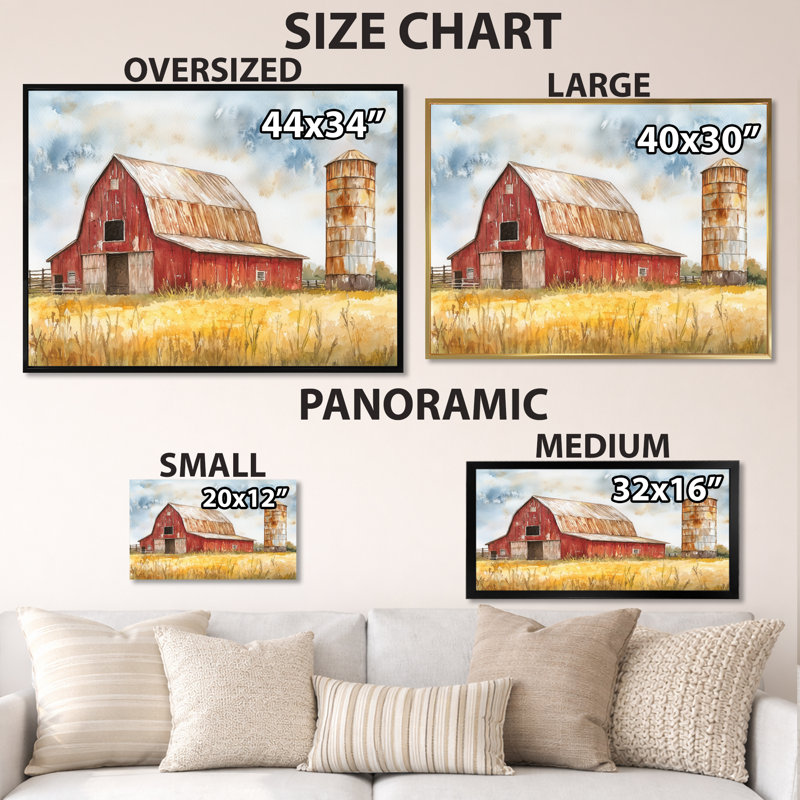 Grange rouge et jaune avec silo patiné - Tableau encadré représentant une ferme ou un ranch, H 34 po x l 44 po