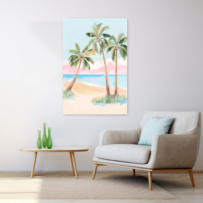 Plage sereine avec palmiers, art mural côtier, H 48 po x l 32 po