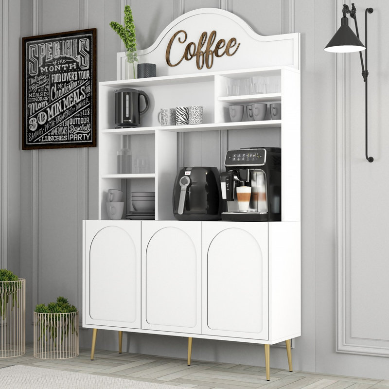 Modern Coffee Bar Cabinet, White & Gold, 47.2 x 79.5 x 13.8 inches | 100% Melamine Coated Particle Board, Thickness: 0.7 inches | Multiple Shelves for Storage, Stylish & Functional Design for Home & Kitchen