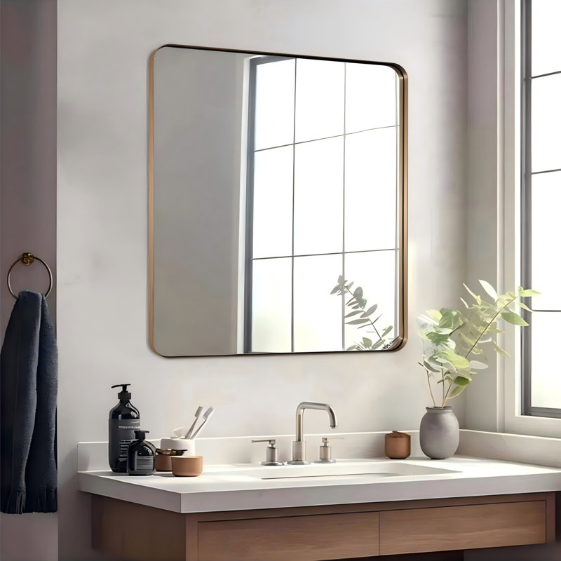 Modern Rounded Square Bathroom Vanity Mirror | Stainless Steel Frame, Brushed Gold, 30" x 30"
