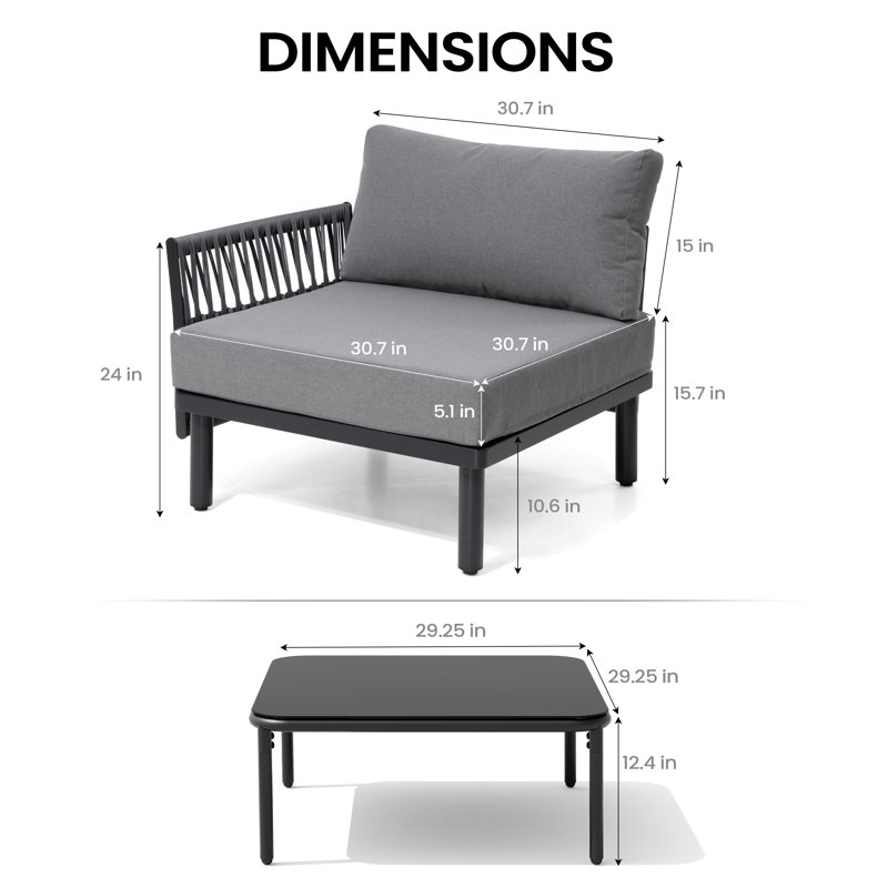  5-Piece Outdoor Aluminum Sectional Seating Group with 5.1" Thick Cushions and Coffee Table, Modular Deep Seating Patio Set