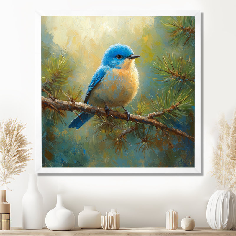 «Cheery Bluebird In The Pines I», art mural oiseau, H 30 po x l 30 po, Reproduction encadrée d'une seule photo, Blanc