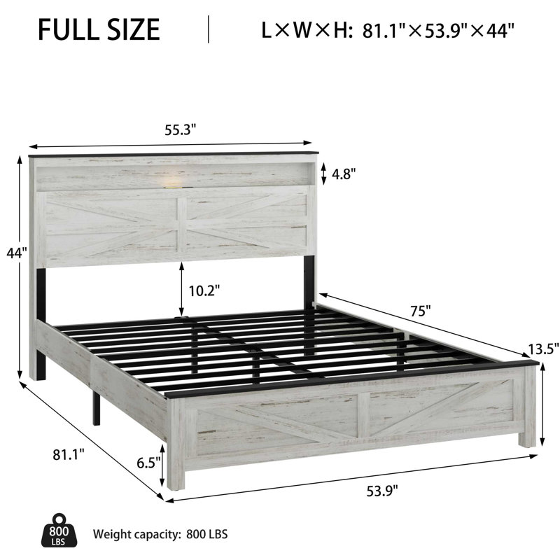Lit plateforme double avec tête de lit, lumières DEL et station de charge, rangement caché, coussin, sans sommier, blanc