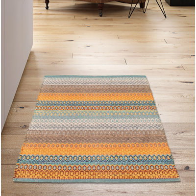 Tapis jaune / bleu / gris à motif géométrique en laine Kilim