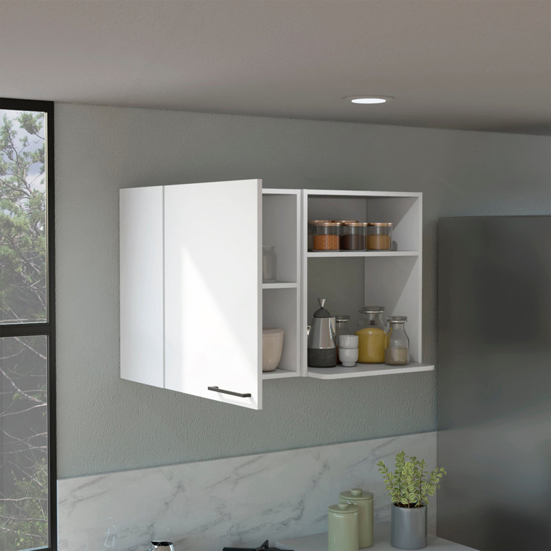 Armoire de rangement murale empilable H 24 po, deux tablettes internes, deux tablettes de rangement externes, une porte, blanc