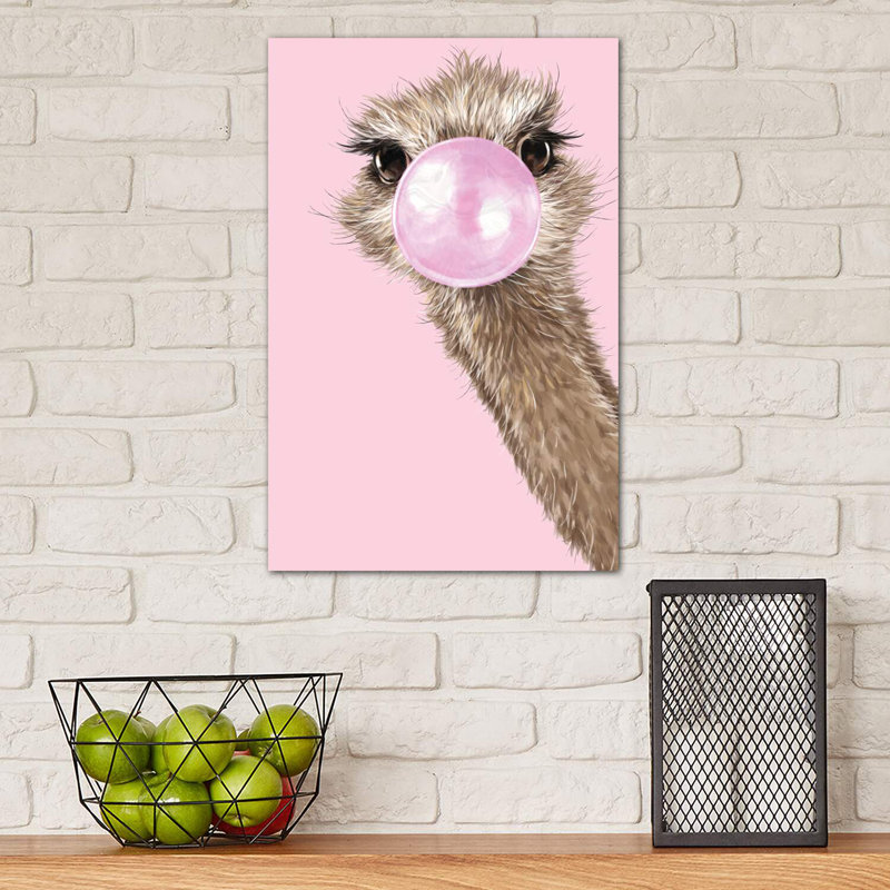 Autruche avec gomme à bulles rose par Big Nose Work - impression d'art graphique, H 12 po x l 8 po x P 0,75 po, Toile tendue