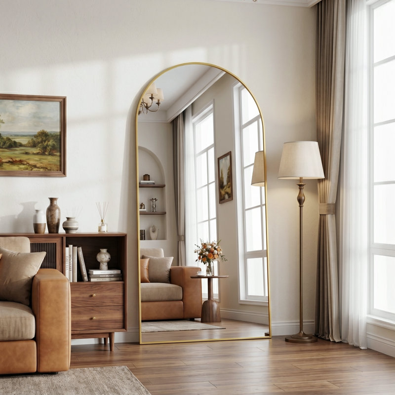 Miroir surdimensionné arqué en métal surdimensionné, Doré, 78 po x 38 po