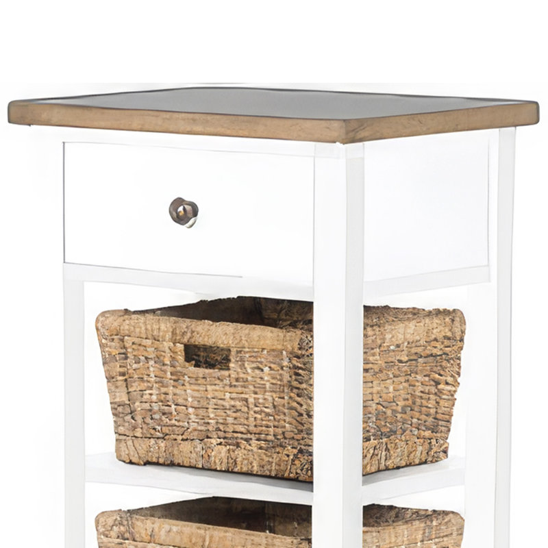 Table de bout avec 3 paniers en rotin brun naturel Livy, Blanc