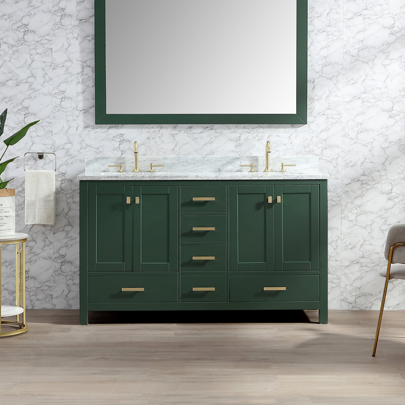 Whitney 60 " W Freestanding Standard Free Standing 2 Double Vanity Bathroom Vanity With Carrara Marble Top, Green, Gold
