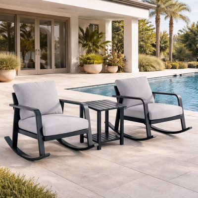 Ensemble de meubles de patio en aluminium, ensemble de 3 chaises berçantes d'extérieur pour 2 personnes avec table d'appoint, coussins en oléfine, sièges de bistro résistants à la rouille pour le porche, le patio et la cour