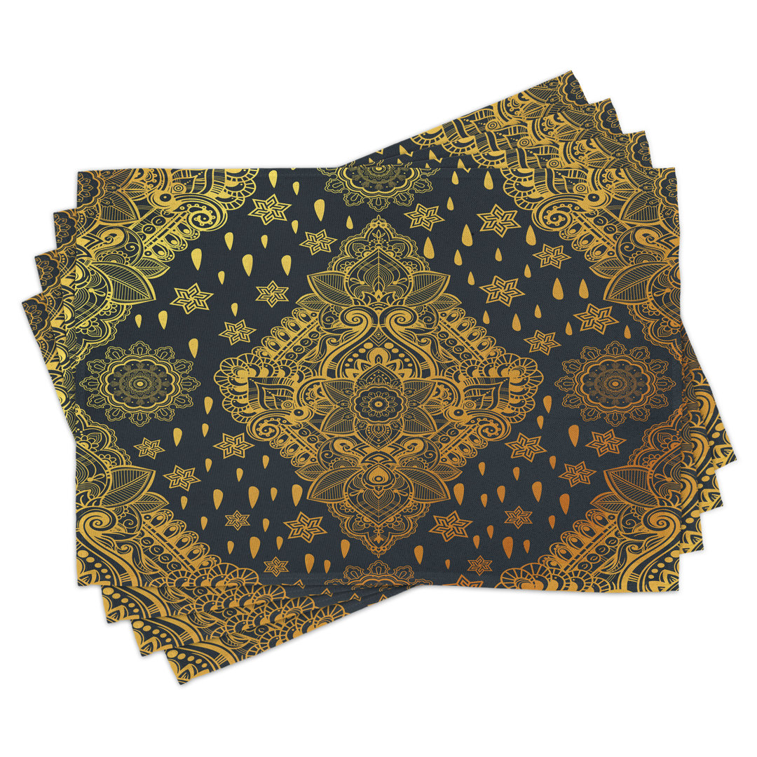 Platzmatten, Boho Paisley Folklore, Mandala, Anthrazit grau Senf