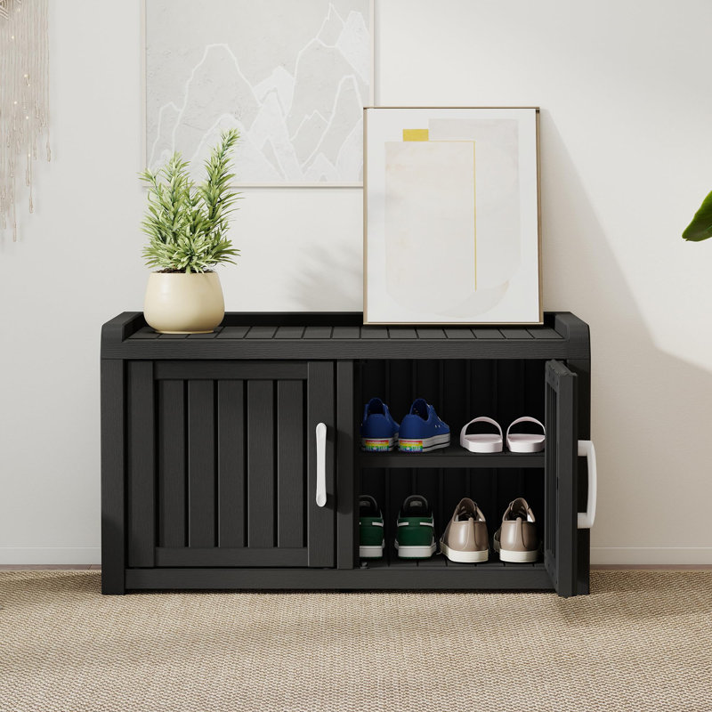 Outdoor Shoe Storage Cabinet, Waterproof UV-Resistant Entryway Storage Bench Indoor Outdoor With 2 Barn Doors(Black), Black