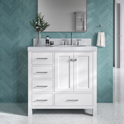 Ariel Cambridge 36 po Meuble-lavabo décalé à droite avec 2 po Comptoir en marbre de Carrare