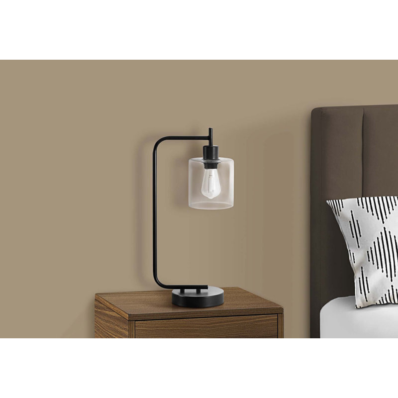 Éclairage, H 20 po, lampe de table, port USB inclus, métal noir, abat-jour en verre, moderne
