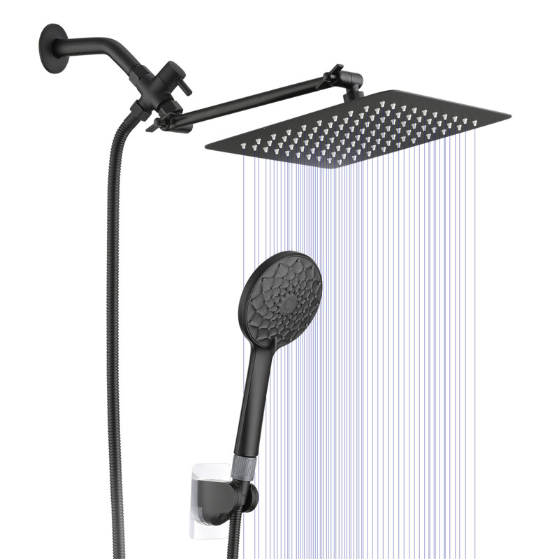 Pomme de douche, pomme de douche à pluie haute pression de 10 pouces / combiné de douche à main avec bras d'extension de 11 pouces, pomme de douche anti-fuite réglable à 6 réglages avec support / tuyau, hauteur / angle réglable